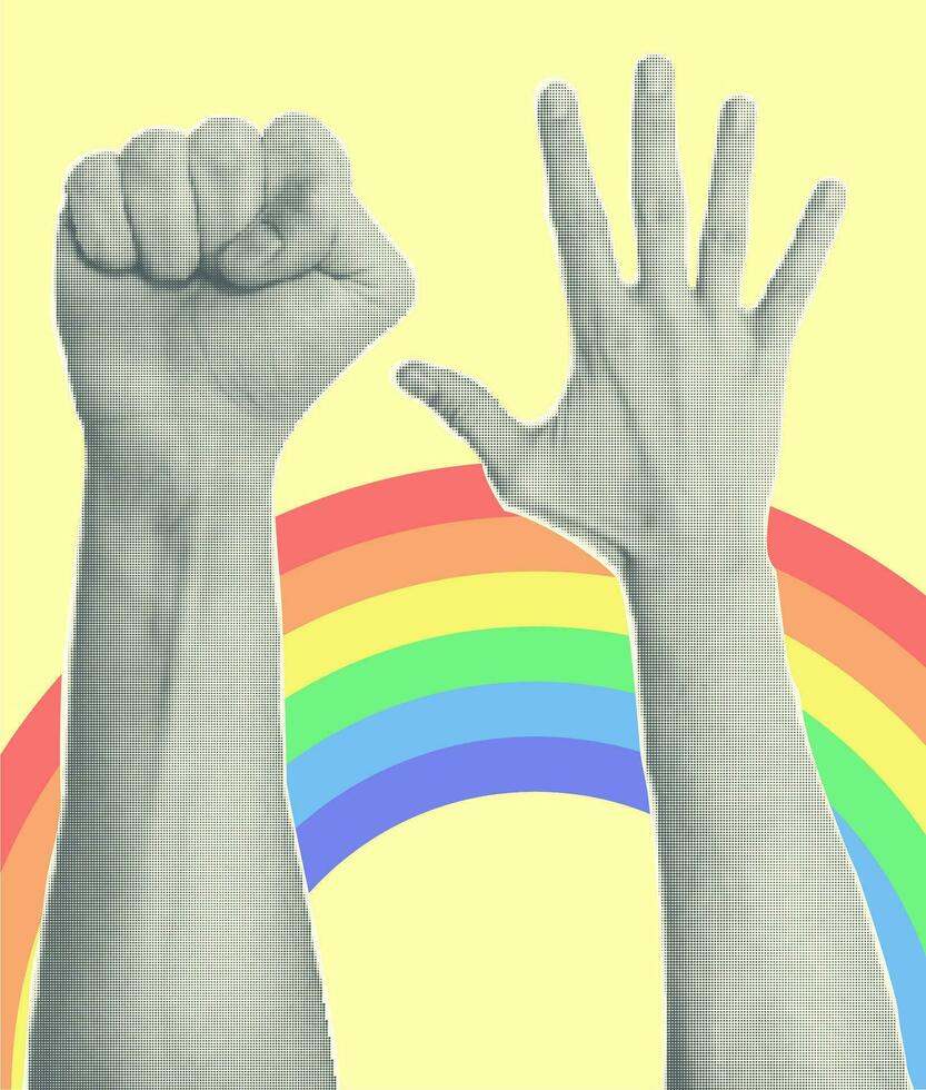 modisch Collage mit Hand Gesten, ausgeschnitten Formen Symbol gewinnen, wie, Punk. Grunge Halbton retro Banner Poster Design. Konzept von Protest, Konfrontation, Stolz lgbt Monat. Vektor Illustration