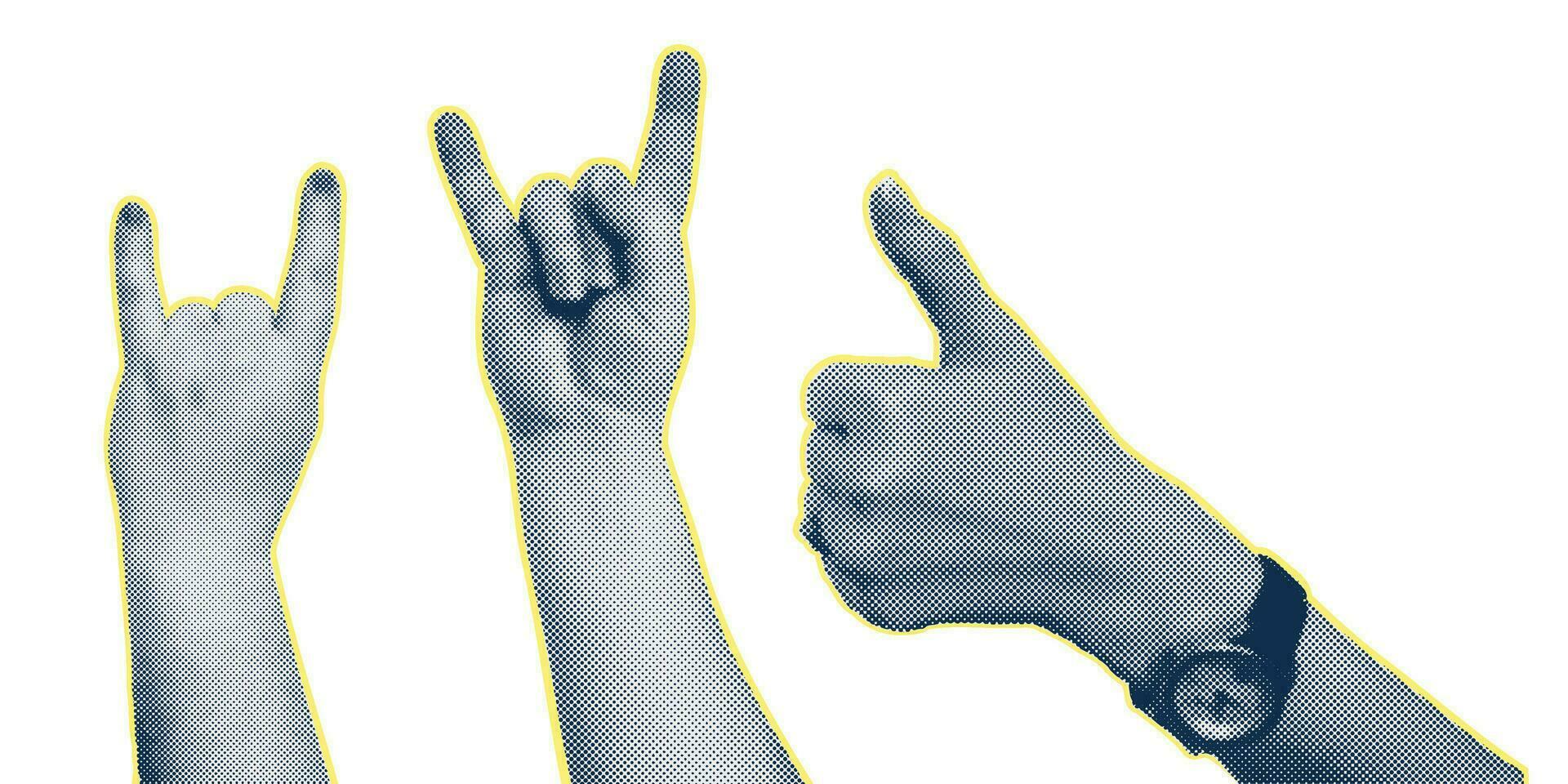 modisch Collage Halbton Elemente mit Hand Gesten, ausgeschnitten Formen Symbol gewinnen, wie, Punk. isoliert Weiß Hintergrund. Konzept von Protest, Konfrontation, Kampf, schlagen, Sieg. Vektor Illustration