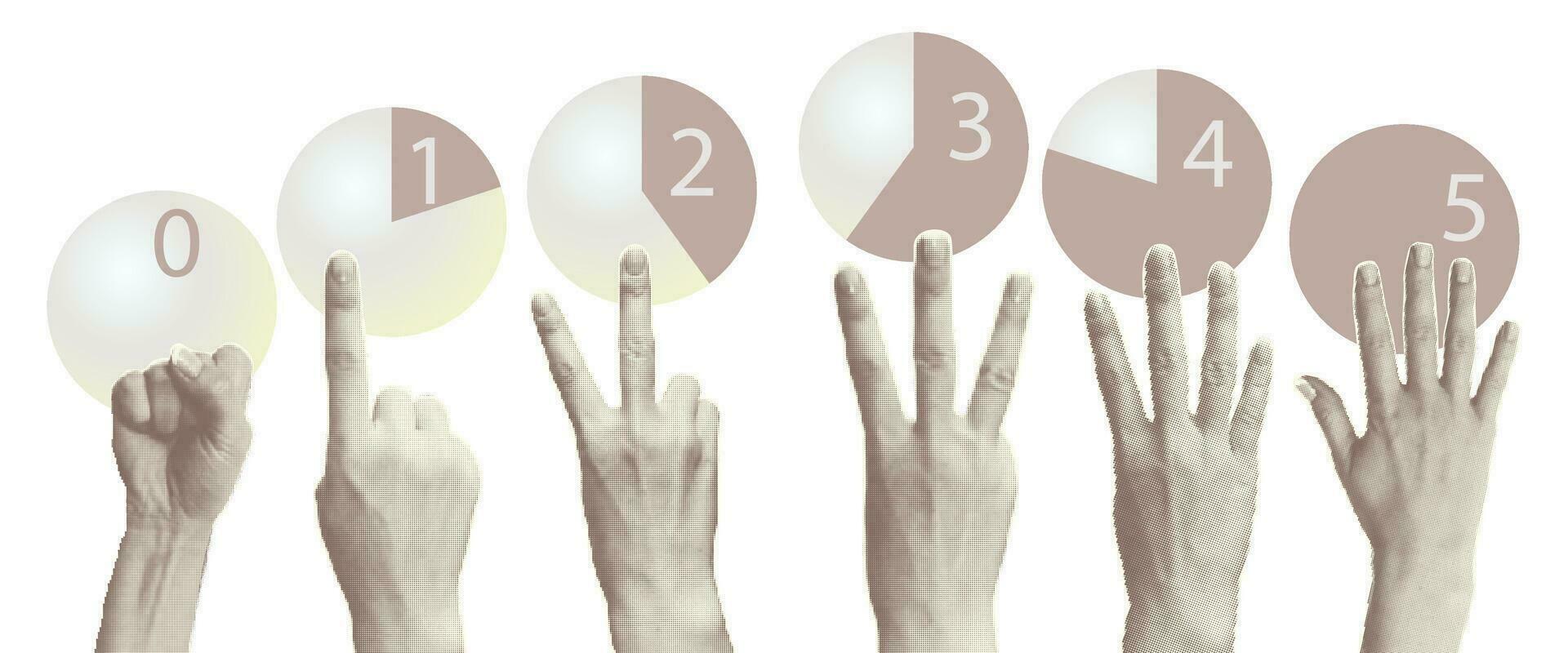 einstellen von Halbton Hände zeigen Gesten Zählen von Null zu fünf isoliert auf Weiß Hintergrund modisch kreativ Collage Elemente Schnitt Zeitschrift Stil. zeitgenössisch Kunst modern Design. Vektor Abbildungen