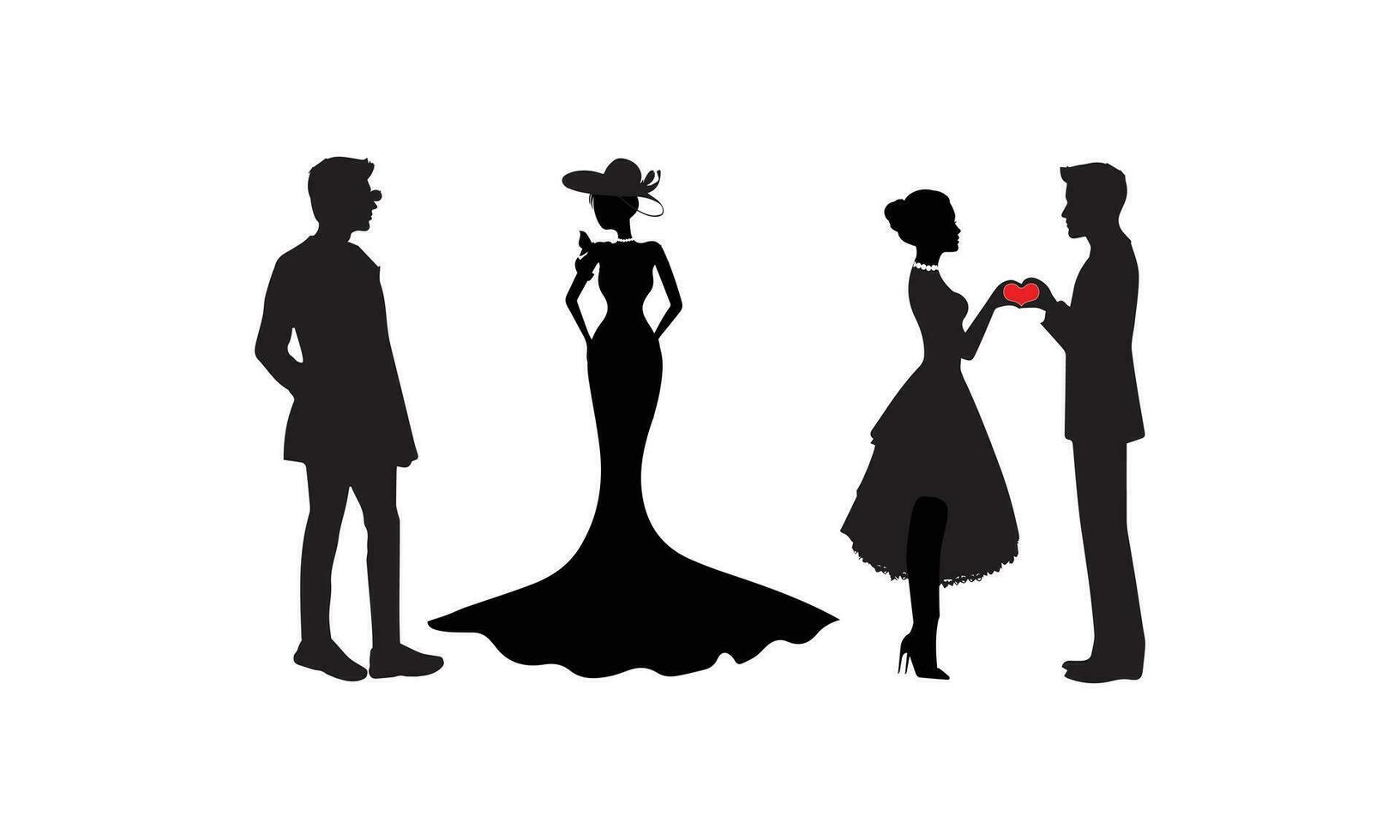 Mann, Frau und Kinder Stehen Silhouette. Gruppe im formal Kleid. Shillouette romantisch Paar Bild. Silhouetten von Personen. vektor