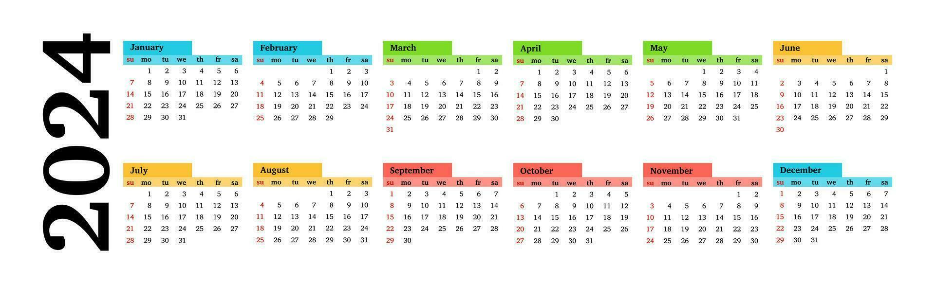 horizontal Kalender zum 2024 isoliert auf ein Weiß Hintergrund. Sonntag zu Montag, Geschäft Vorlage. Vektor Illustration