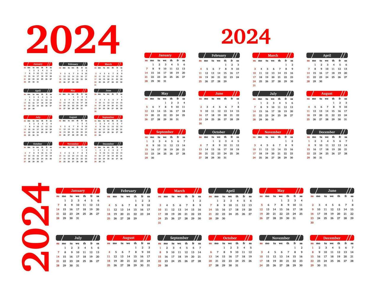 einstellen von drei Kalender zum 2024 im anders Formen isoliert auf ein Weiß Hintergrund. Sonntag zu Montag, Geschäft Vorlage. Vektor Illustration