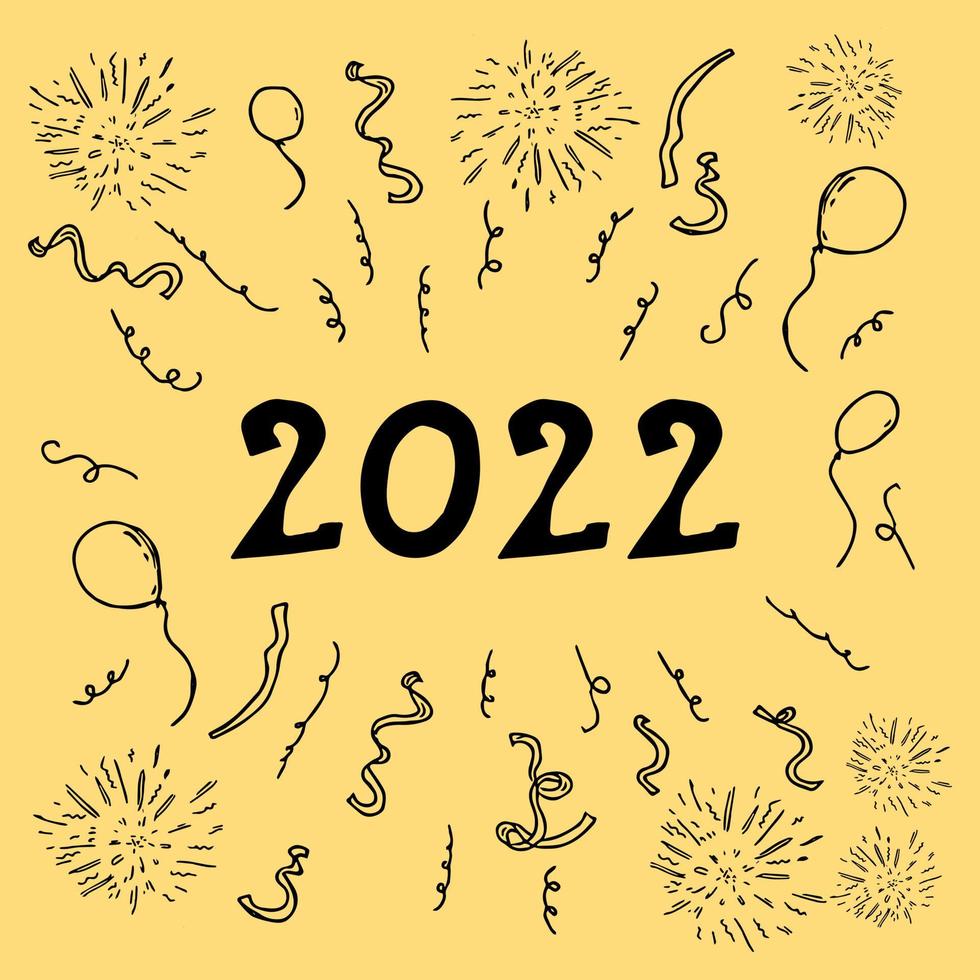 Frohes neues Jahr 2022. Doodle-Vektor-Illustratoin mit Feuerwerk, Konfetti und aufblasbaren Bällen. Vintage, süße Elemente Hintergrund für Ihr Projekt vektor