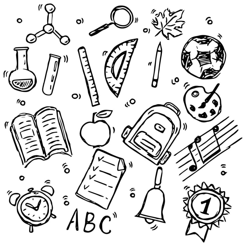 Reihe von Icons zum Thema Schule. Schule Vektor. Doodle-Vektor mit Schulsymbolen auf weißem Hintergrund. vektor