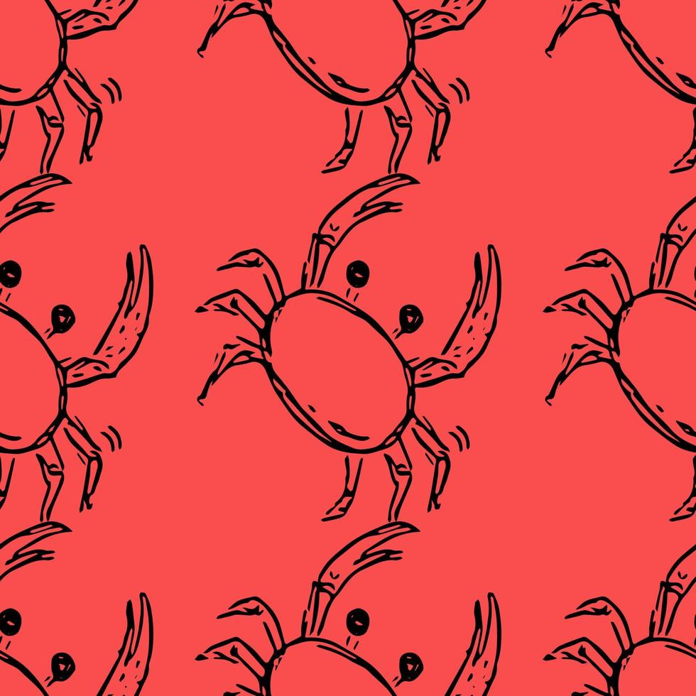 sömlös vektor mönster med krabbor. doodle vektor med krabba ikoner på röd bakgrund. vintage krabba mönster