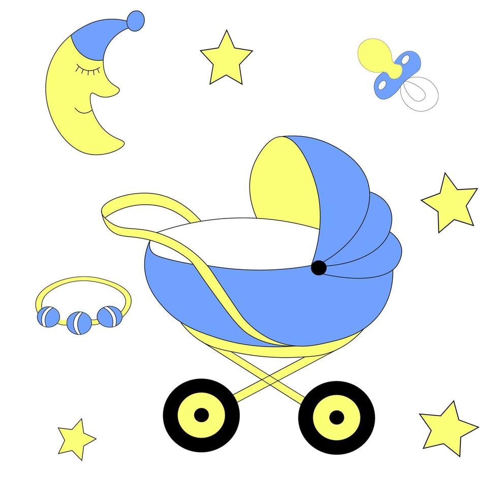 uppsättning blå barnvagn för pojke på promenad, måne i hatt, blå bröstvårta och stjärnor. babyartiklar för nyfödda. vektor