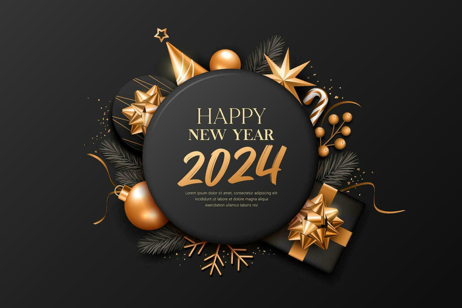 2024 glücklich Neu Jahr Ornamente Gold und Schwarz, Gruß Karte Banner Design auf schwarz Hintergrund, eps 10 Vektor Illustration