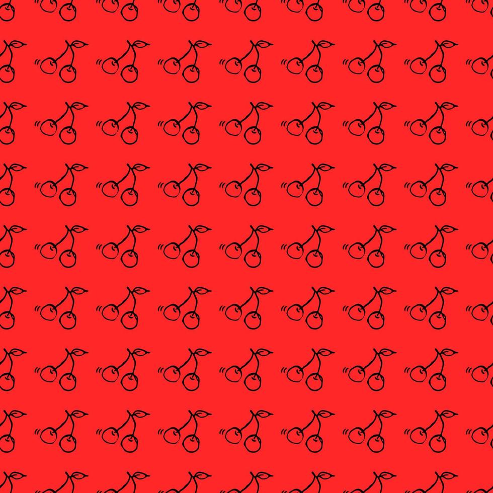 nahtlose Kirsche-Vektor-Muster. Doodle-Vektor mit Kirschsymbolen auf rotem Grund. Vintage-Kirschmuster, süßer Elementhintergrund für Ihr Projekt, Menü, Café-Shop. vektor