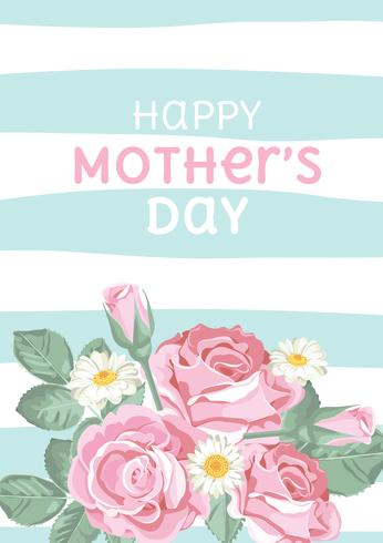 Glad mors dag. Shabby chic roses på ljusgrön blå linjär bakgrund med text. Blom-, sött kort. Vektor illustration