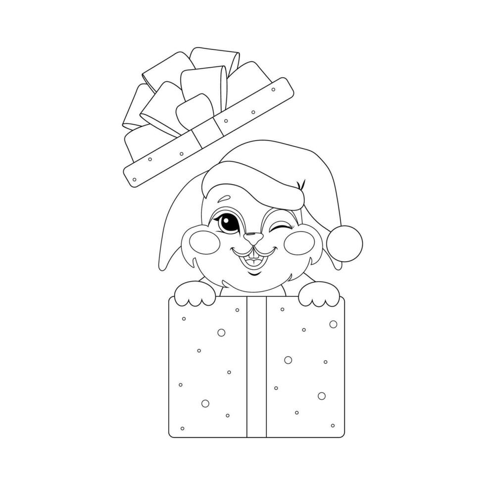 süß Hase zum Färbung Buch. Weihnachten Hase mit Geschenk Kasten. schwarz und Weiß Färbung Buchseite. isoliert Vektor Gliederung Illustration. Kinder Bildung