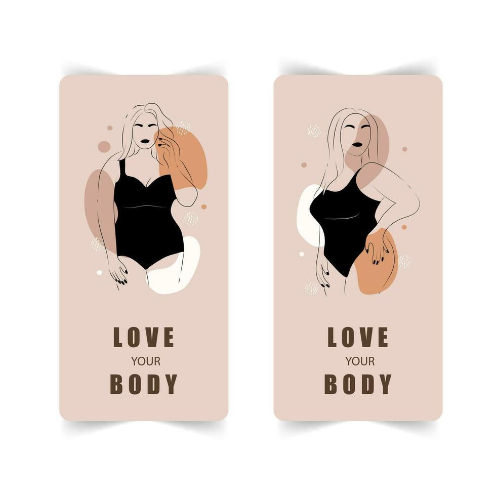 Körper positiv Geschichten Vorlage. abstrakt minimalistisch weiblich Zahlen. linear elegant Frauen im Dessous und Badeanzug auf abstrakt einfach Formen. Beförderung Design zum Sozial Medien. Handy, Mobiltelefon Hintergrund. vektor