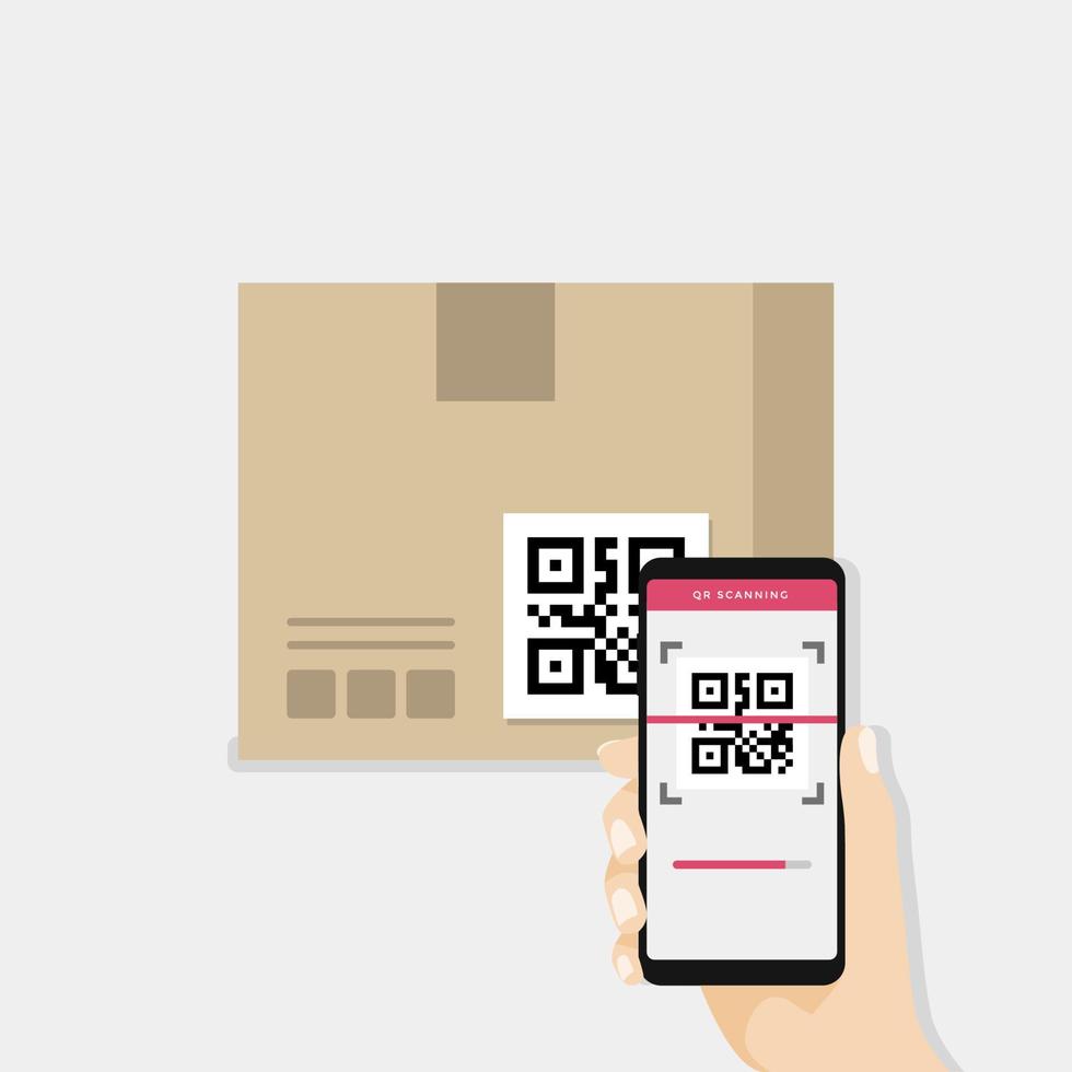 Geschäftshand, die Smartphone hält, um den QR-Code auf der Box für Details der Ware zu scannen. vektor