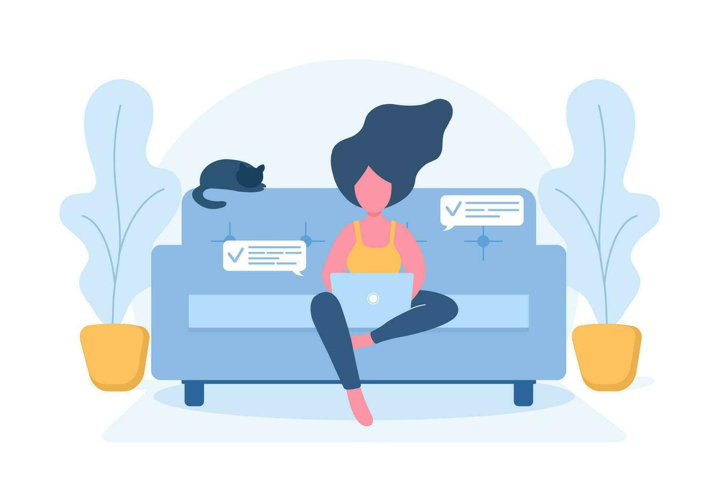 Damen freiberuflich. Mädchen mit Laptop Sitzung auf das Sofa. Konzept Illustration zum Arbeiten, studieren, Ausbildung, Arbeit von heim, gesund Lebensstil. Vektor Illustration im eben Stil.