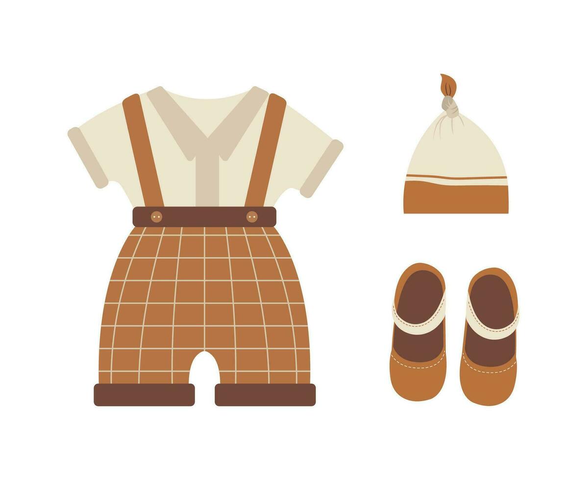 Baby Boho Kleidung. süß Junge Kleiderschrank. Kinder skandinavisch Outfit. Vektor Illustration im eben Karikatur Stil. Jahrgang tragen zum Kinder