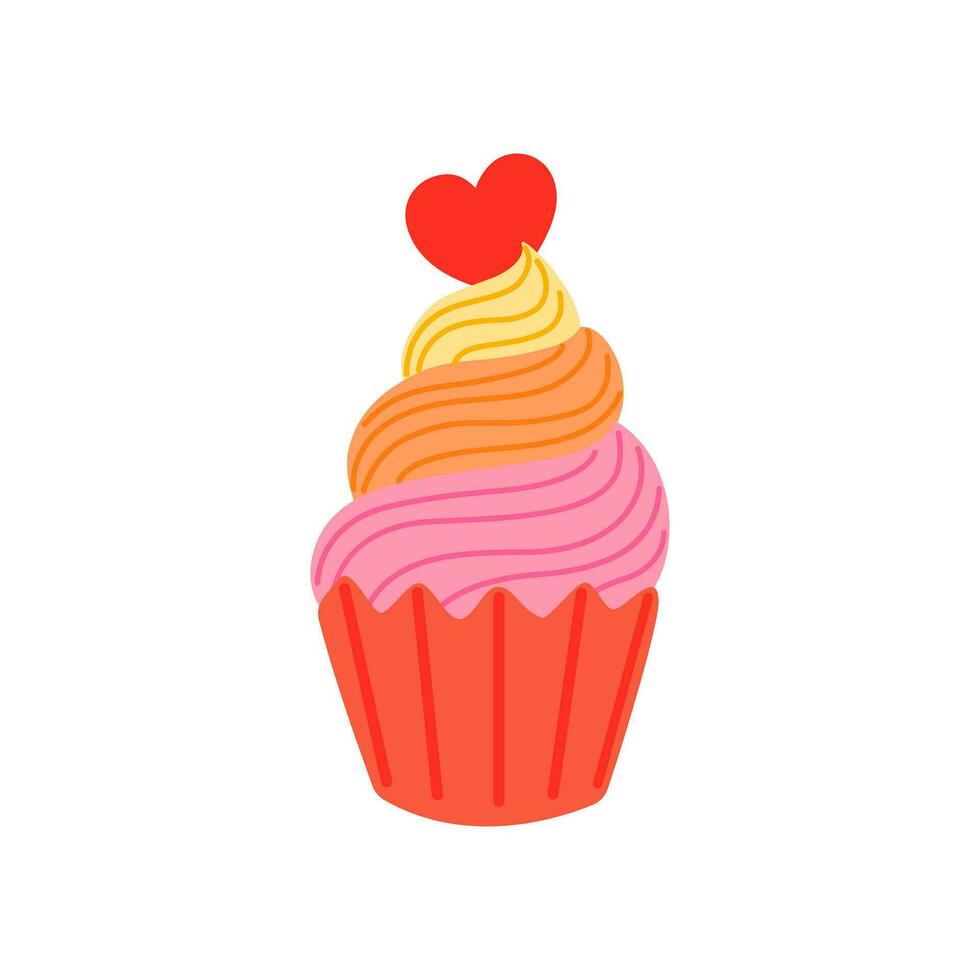 hell Rosa Cupcake mit Herz und farbig Sahne Dekoration zum Valentinstag Tag. Vektor Illustration isoliert auf Weiß Hintergrund. detailliert Karikatur Element zum Urlaub Muster, Verpackung, Designs