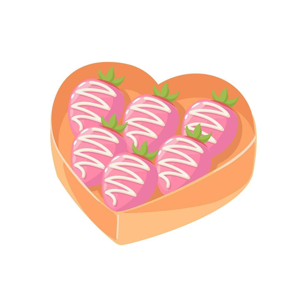 ljus hjärta formad låda av godis, jordgubbar i rosa choklad. kärlek gåva för hjärtans dag. vektor illustration på vit bakgrund. detaljerad tecknad serie element för Semester mönster, mönster