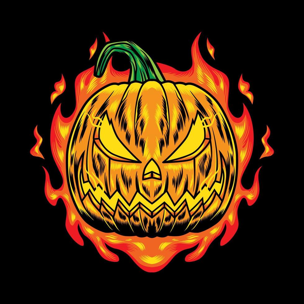 Illustrationsdesign des Halloween-Kürbischarakters mit Neonfeuerflamme im schwarzen Hintergrund. gut für Logo, Hintergrund, T-Shirt, Banner vektor