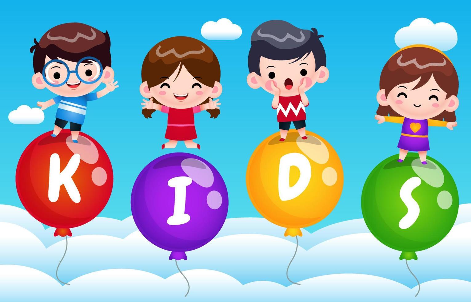 4 glückliche Kinder auf fliegendem Ballon in den Himmel. vektor