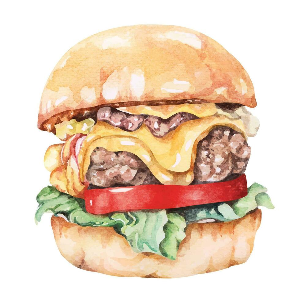Hamburger mit Rindfleisch mit Aquarell.Cheeseburger.für Essen Speisekarte design.schnell Lebensmittel. vektor