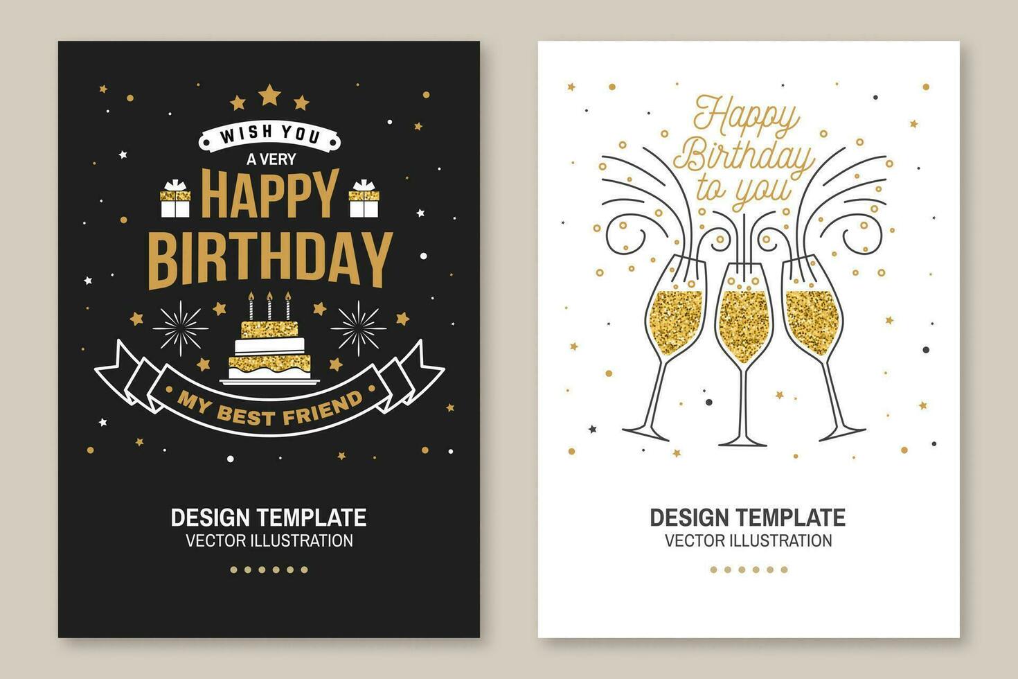 Lycklig födelsedag till du. stämpel, klistermärke, kort med champagne glasögon och kaka med ljus. vektor. årgång typografisk design för inbjudningar, födelsedag firande emblem i retro stil vektor