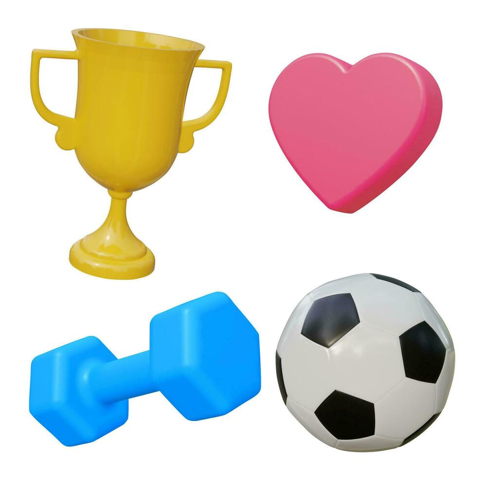 uppsättning 3d sport ikon Utrustning. vektor illustration. uppsättning inkludera mästare fotboll trofén för vinnare tilldela, fotboll boll, hjärta, hantel