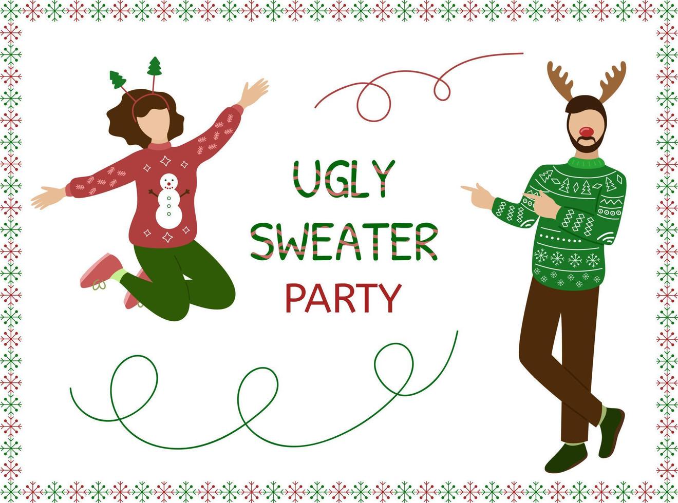 hässliche Pullover-Party. Weihnachtskonzept. Leute haben Spaß. glückliche frau und mann personen in pulloverkleidung. Vektor-Illustration vektor