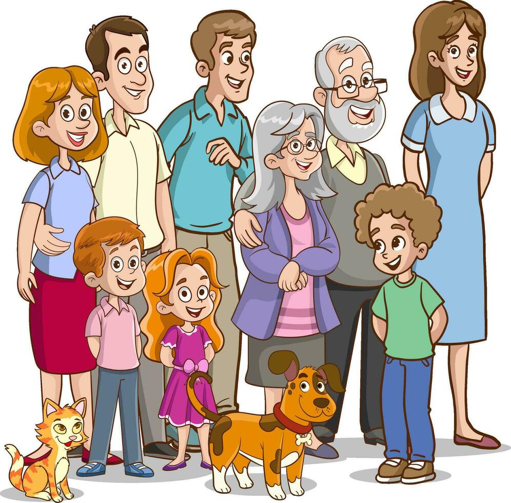 Vektor Illustration von groß glücklich Familie Zeichen Stand zusammen, lächelnd und Lachen, ausstrahlen Liebe und Zusammengehörigkeit, mit ein Sinn von Zugehörigkeit