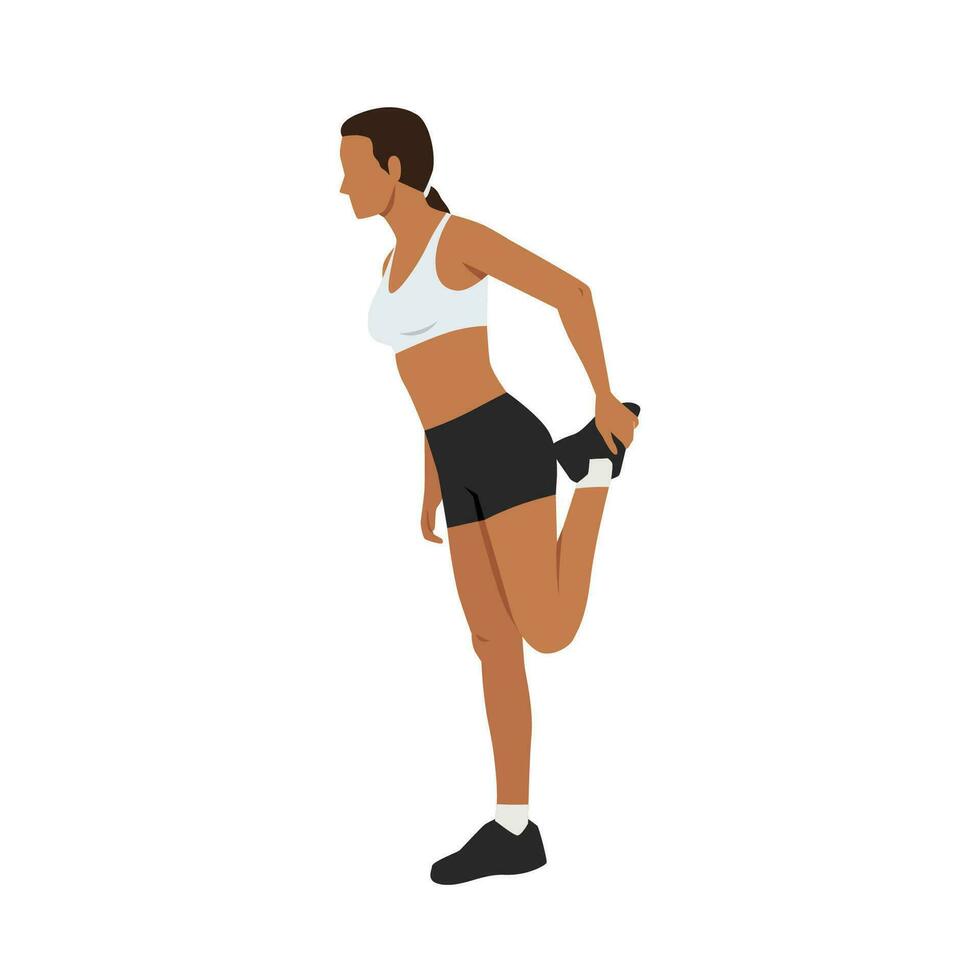 kvinna håller på med quadriceps sträcka, Häftigt ner träning. balans utgör, flexibilitet förbättring. vektor