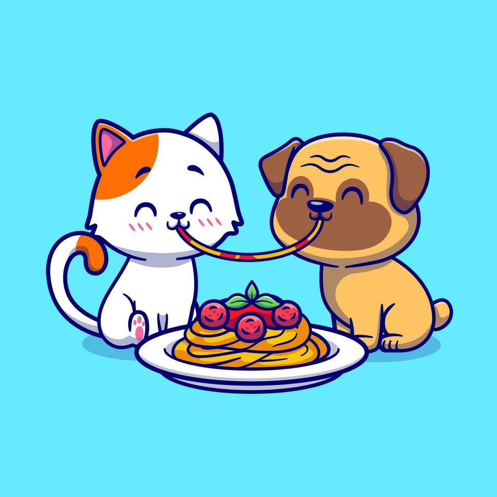 süß Paar Katze und Mops Hund Essen Spaghetti zusammen Karikatur Vektor Symbol Illustration. Tier Essen Symbol Konzept isoliert Prämie Vektor. eben Karikatur Stil