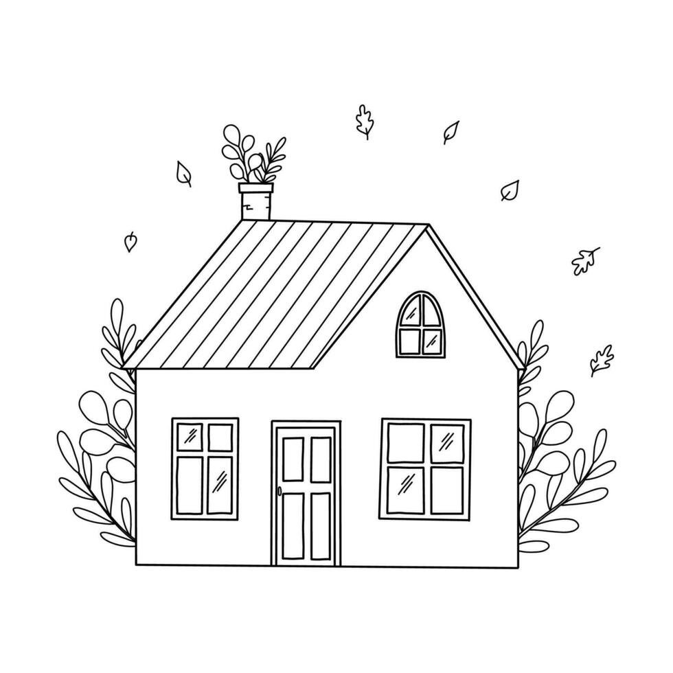 süß Hand gezeichnet Dorf Haus, Hütte mit Blätter zum Kindergarten Drucke, Karten, Poster, Färbung Seiten, Sublimation, Aufkleber, usw, eps 10 vektor