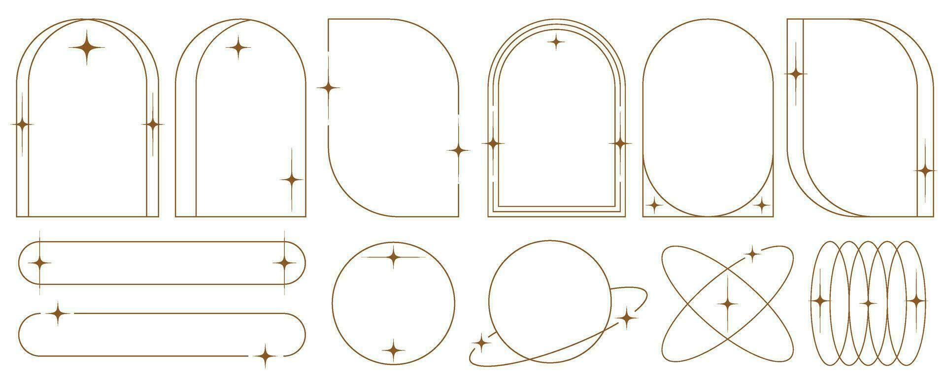 ästhetisch Frames und Formen mit Sterne. minimal y2k Gliederung Grafik Design mit funkelt. abstrakt minimalistisch Bögen Grenzen. modisch Boho geometrisch Vorlagen Satz. Vektor