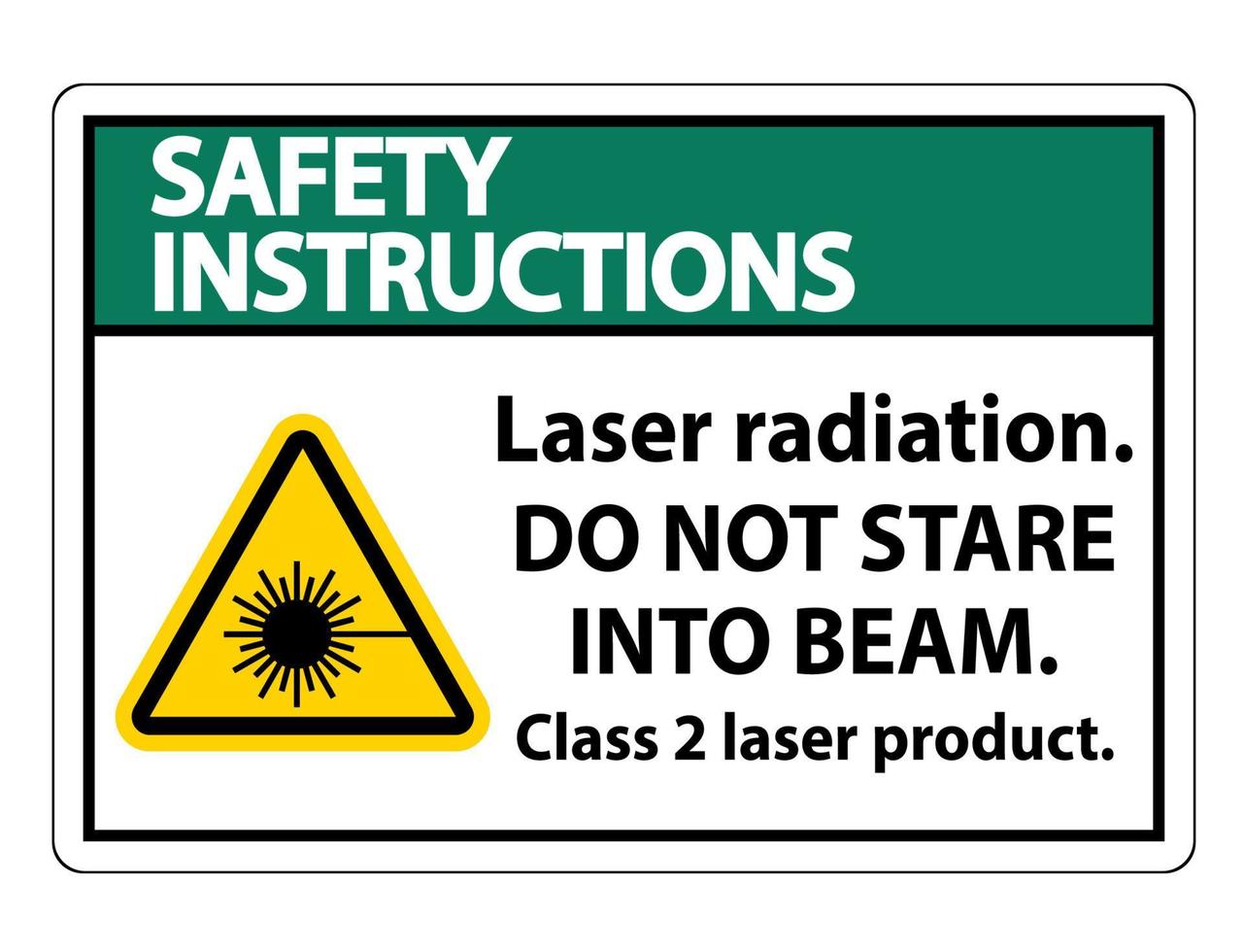 säkerhetsinstruktioner laserstrålning, stirra inte in i strålen, klass 2 laserproduktskylt på vit bakgrund vektor