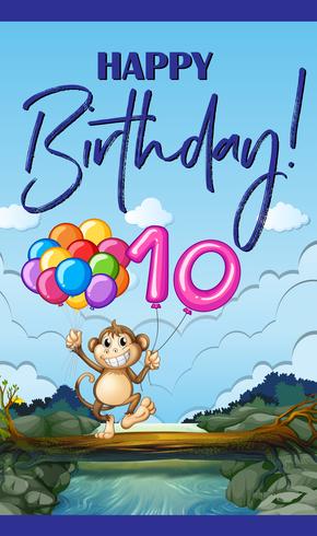 Födelsedagskort med apa och ballong nummer tio vektor