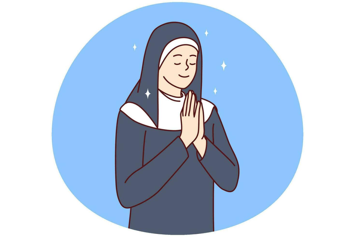 positiv kvinna i kläder av katolik nunna stängning ögon bön- vändning till Gud. vektor bild
