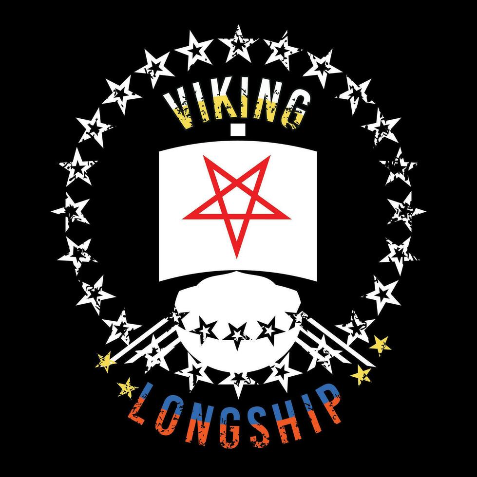 Wikinger Langschiff. T-Shirt Design von ein alt Schiff umgeben durch Sterne. vektor