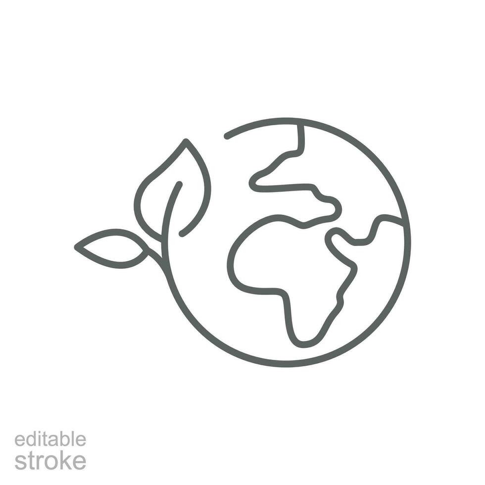 Grün Erde Planet Symbol. einfach Gliederung Stil. Welt Ökologie, Globus mit Blätter, Öko Umgebung Logo, speichern Natur Konzept. dünn Linie Symbol. Vektor Illustration isoliert. editierbar Schlaganfall.