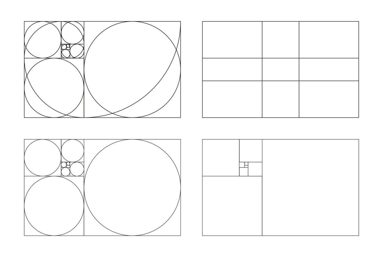 gyllene förhållande ramar uppsättning. metod gyllene sektioner. harmoni proportioner mallar. Fibonacci array, tal. gyllene andel. översikt vektor illustration. eps.