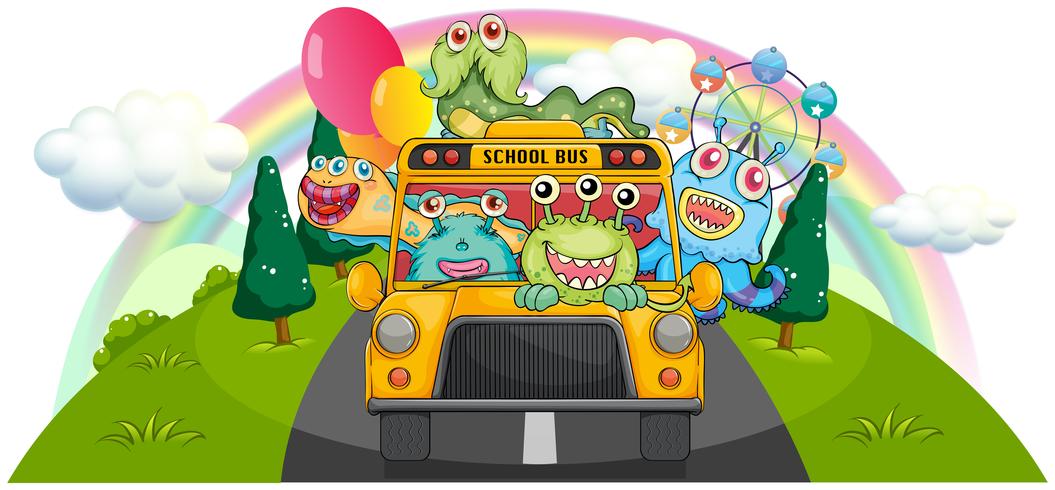 En gul skolbuss med skrämmande monster vektor