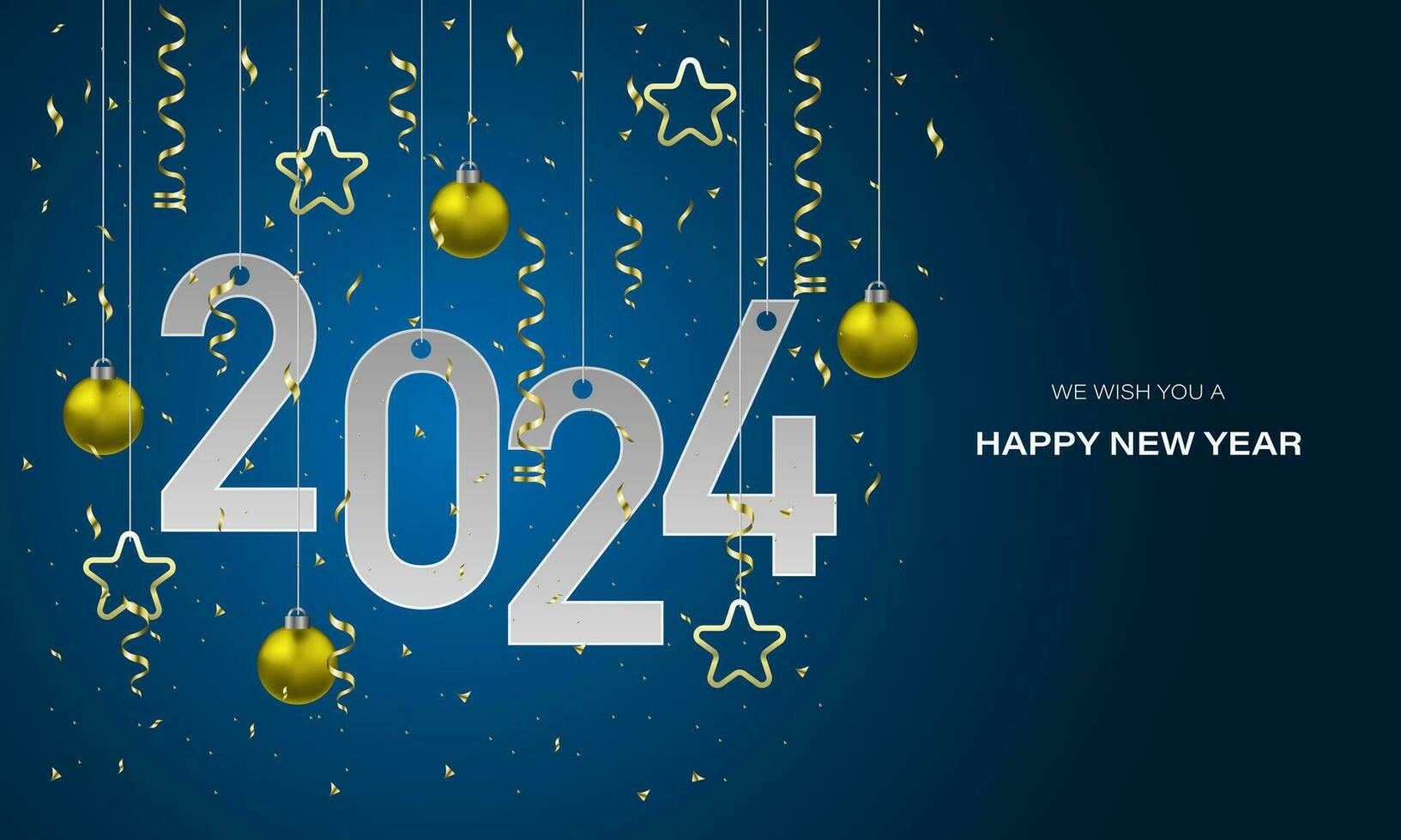 Lycklig ny år 2024 vit papper siffra gyllene stjärnor boll band på blå lyx design för Semester festival firande nedräkning bakgrund vektor