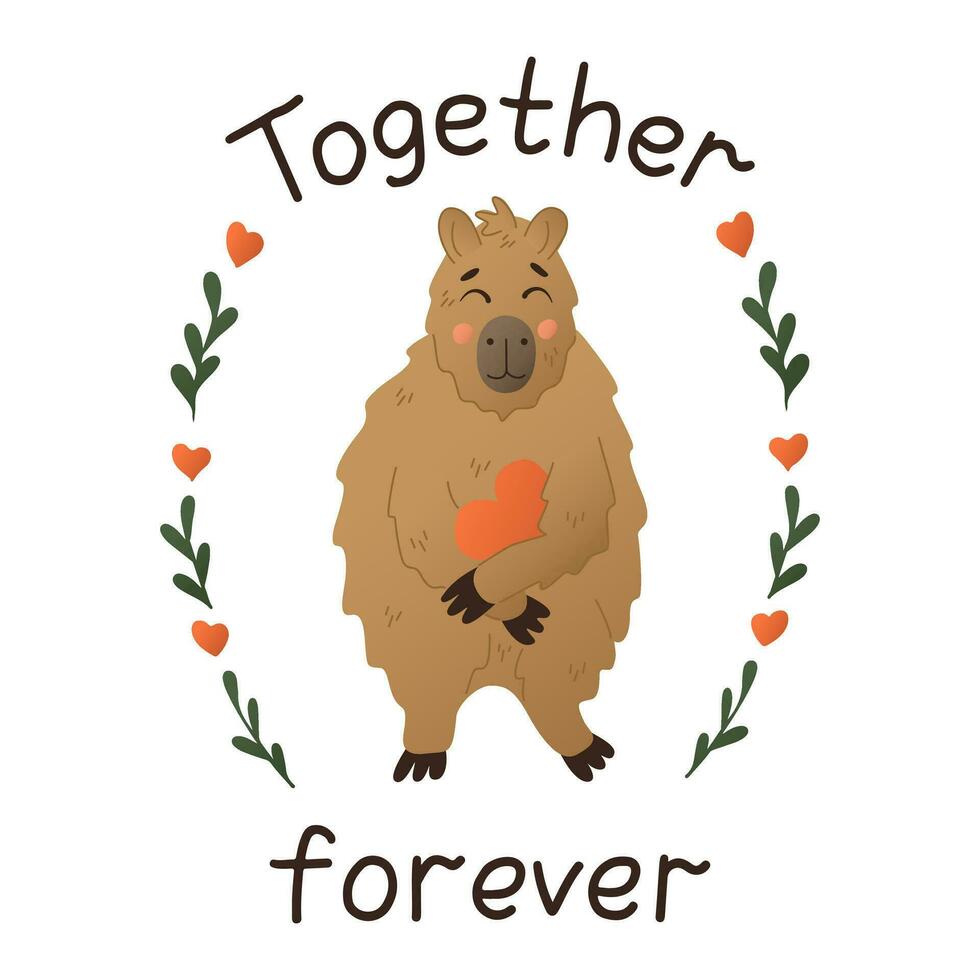 roligt platt hand dragen capybara med kärlek text. st valentines dag begrepp. söt platt djur- karaktär med hjärta och blommig element. isolerat klistermärke på vit bakgrund vektor