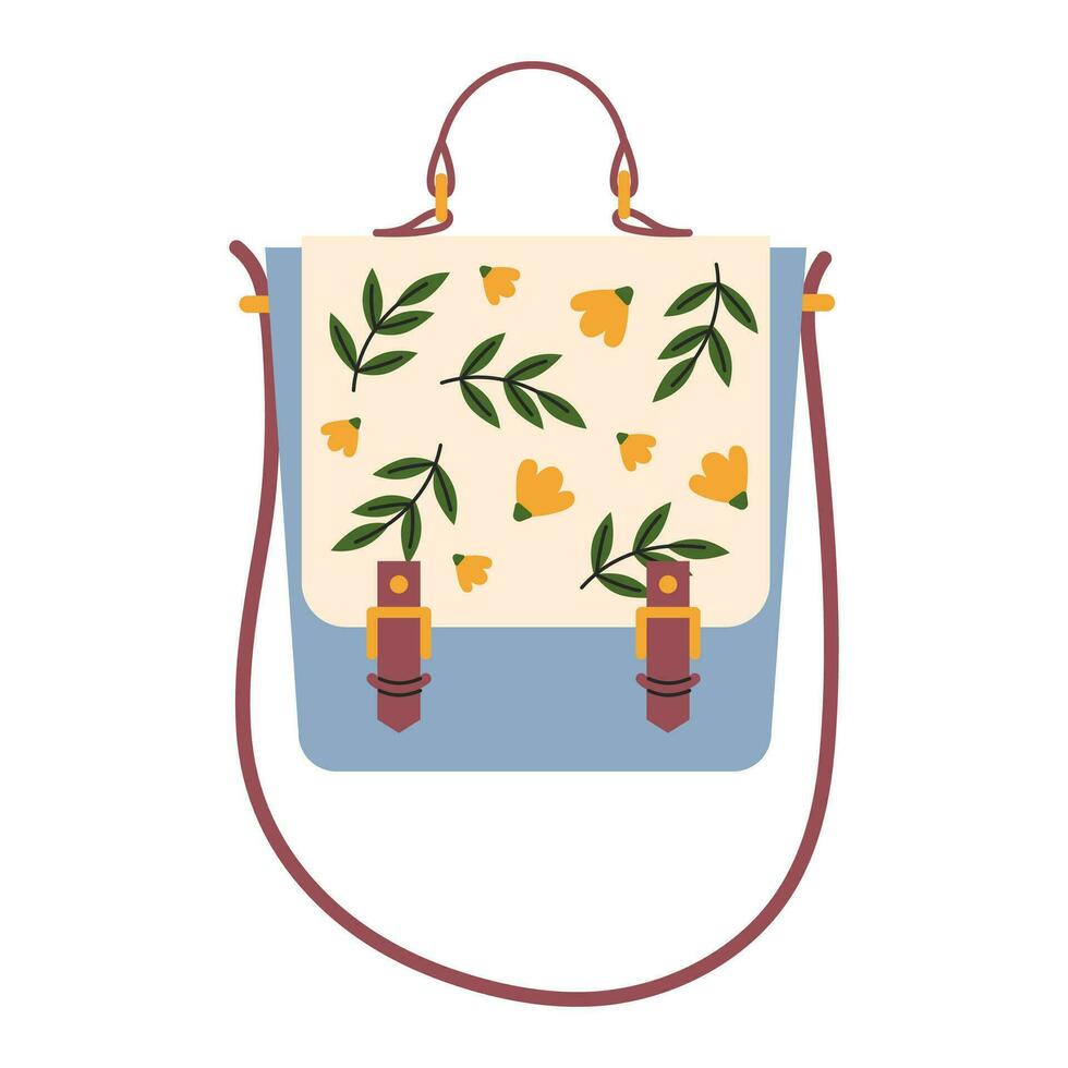 süß Damen Handtasche mit Blumen, Stickerei. Hütte Ader Mode. Jahrgang, retro. Vektor, Wohnung, Karikatur Illustration vektor