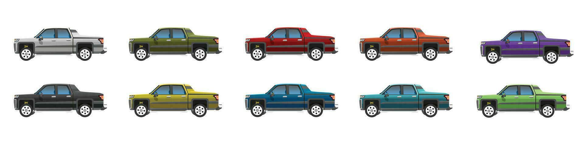 Vektor oder Illustrator von abholen Autos bunt Sammlung. Design von Ladung doppelt abholen LKW mit Fahren. bunt Autos mit trennen Lagen. auf isoliert Weiß Hintergrund.