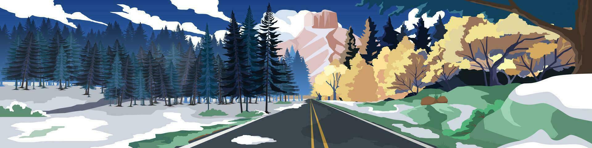 vektor eller illustratör av landskap transport av asfalt väg till de natur. skogar täckt med snö och när de is smälter. med de vinter- skog. bakgrund av berg under blå himmel.