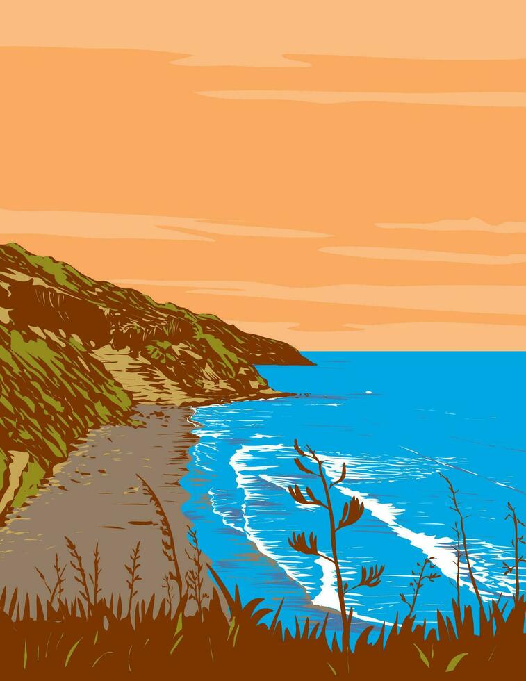 muriwai strand i auckland ny zealand konst deco wpa affisch konst vektor