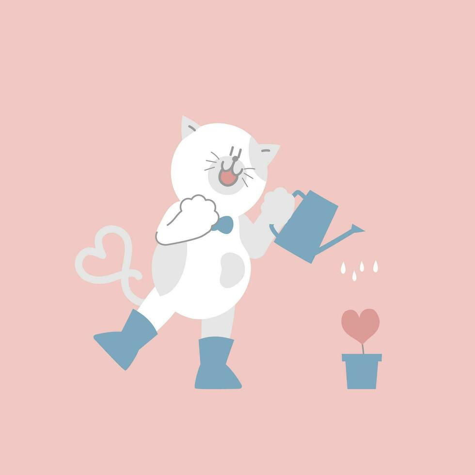 süß und schön Katze halten Bewässerung können Pflanzen Herz gestalten Anlage, glücklich Valentinsgrüße Tag, Geburtstag, Liebe Konzept, eben Vektor Illustration Karikatur Charakter Kostüm Design