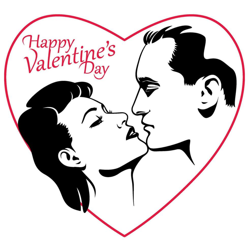 Gesichter von romantisch Paar küssen mit Herz Hintergrund. Gliederung Zeichnung von Mann und Frau Köpfe. Valentinstag Tag Design im retro Stil zum Gruß Karte, Einladung, Poster. vektor