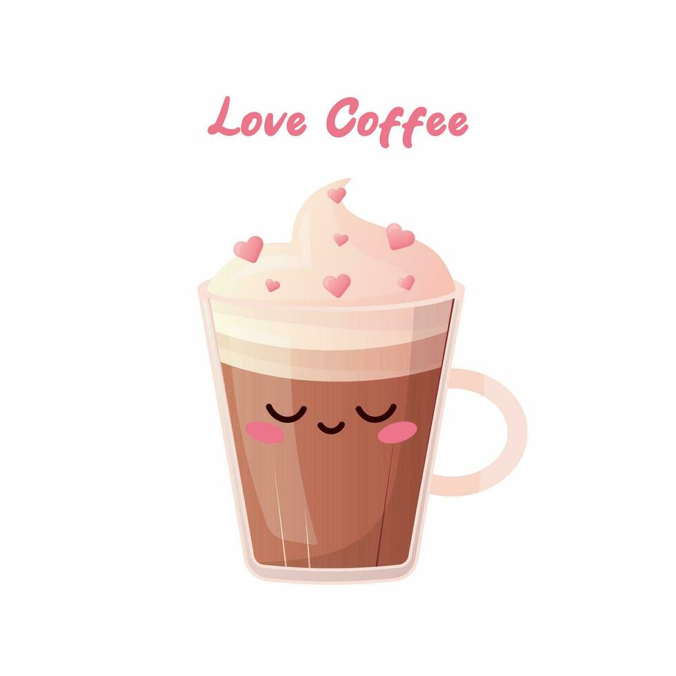 ein Tasse von Kaffee im ein Karikatur Stil mit Sahne und dekoriert mit Herzen. süß Karikatur Kaffee auf ein Valentinsgrüße Tag vektor