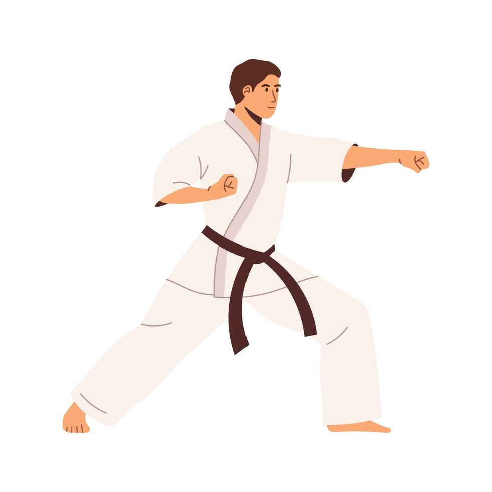 Karate Kämpfer. japanisch Ringer im Kimono Uniform. eben Vektor Illustration isoliert auf Weiß Hintergrund