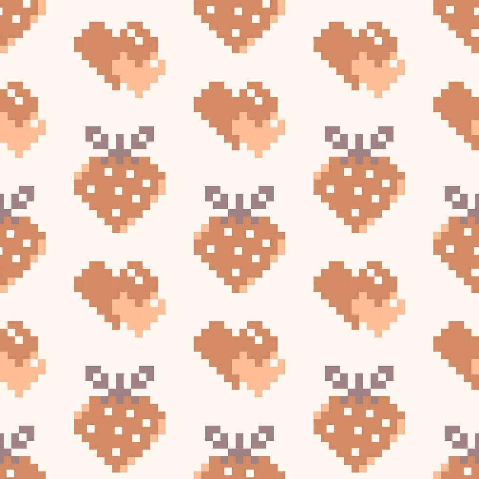 pixel konst valentine dag sömlös mönster med hjärtan och jordgubbar. design i persika ludd Färg vektor