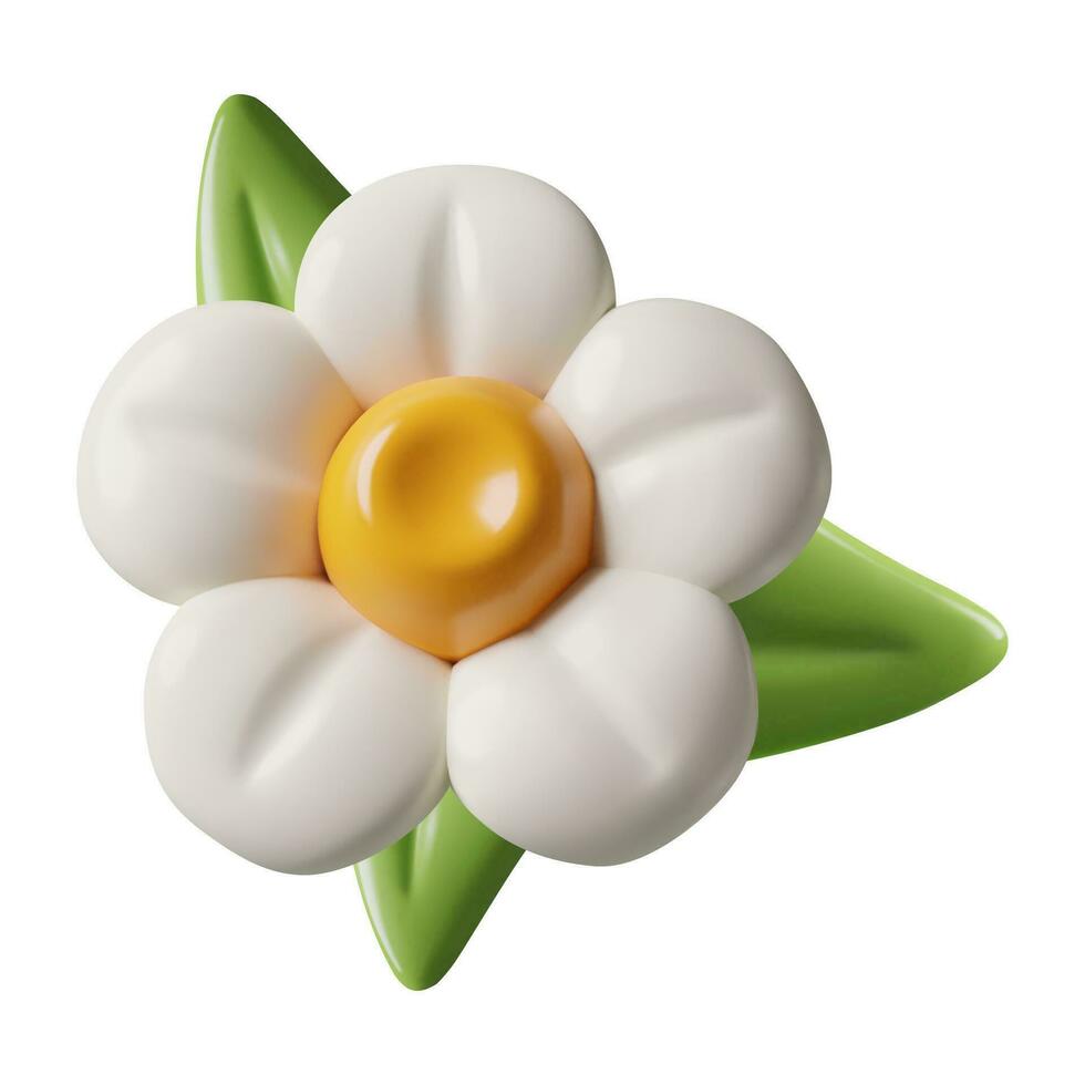3d minimal blomma ikon med grön löv vår och sommar tre dimensionell blommig design element vektor